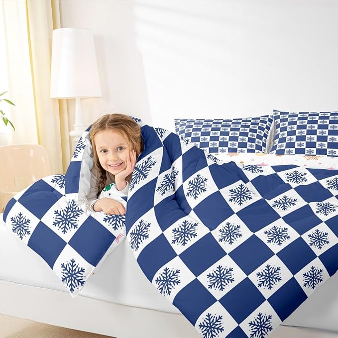 Feelyou Christmas Bedding Set Soft for Boys Girls, Checkered Comforter Set Full Size Snowflake Duvet Quilt Microfiber Xmas Decorations Bedroom Decor Blue 3 Pcs with 2 Pillow Cases