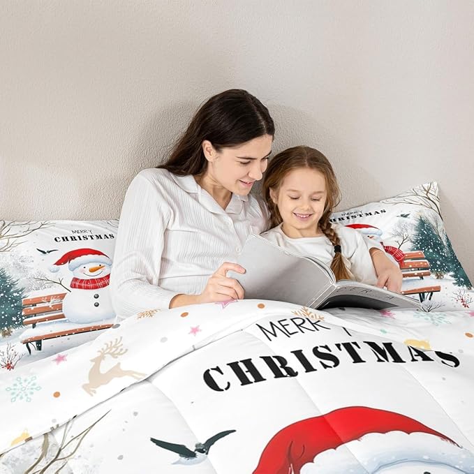 Feelyou Merry Christmas Comforter Set Queen Size Cute Snowman Bedding Set for Kids Boys Girls Snowflake Duvet Quilt Christmas Tree Bedroom Decor Microfiber 3 Pcs with 2 Pillow Cases