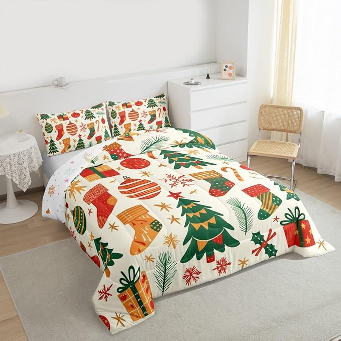Feelyou Christmas Comforter Set All Season Xmas Tree Bedding Set with 1 Pillow Cases New Year Gift Microfiber Kids Toddler Bedclothes Christmas Stockings Bedroom Decor Duvet Quilt Breathable Soft