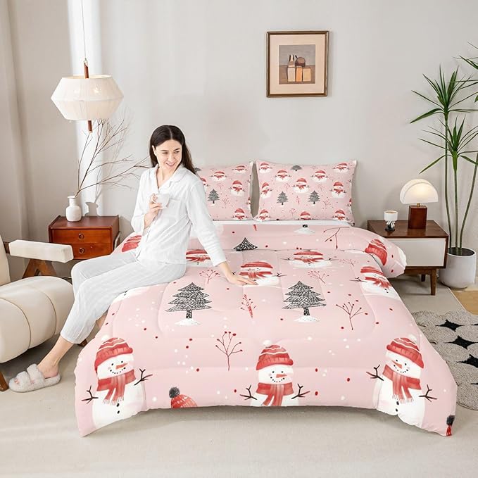 Feelyou Cute Snowman Bedding Set Soft for Boys Girls, Christmas Trees Comforter Set Full Size Xmas Snowflake Duvet Quilt Microfiber Christmas Decor Bedroom Decor Holiday 3 Pcs with 2 Pillow Cases