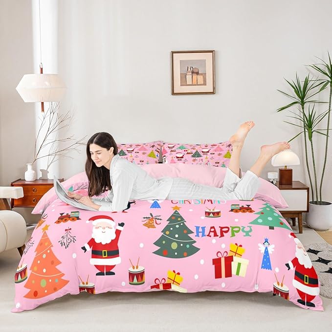 Christmas Bedding Duvet Cover Set Kids Santa Claus Xmas Theme Bedding Set Boys Girls Decor Christmas Tree Comforter Cover Set Microfiber Pink New Year Bedspread Cover Bedroom Bedclothes Toddler Size