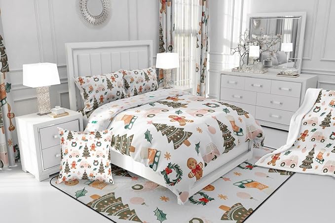 Feelyou Xmas Tree Car Comforter Set All Season Gingerbread Man Bedding Set with 1 Pillow Cases Garland Microfiber Kids Twin Bedclothes Bedroom Decor Duvet Quilt Breathable Soft