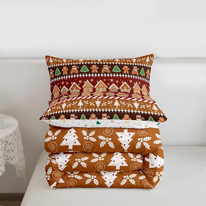Feelyou Merry Christmas Comforter Set Queen Size Greenland Home Bedding Set for Kids Boys Girls Xmas Tree Duvet Quilt Striped Bedroom Decor Microfiber 3 Pcs with 2 Pillow Cases