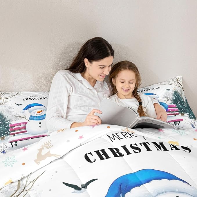 Feelyou Merry Christmas Bedding Set Soft for Boys Girls, Cute Snowman Comforter Set Twin Size Snowflake Duvet Quilt Microfiber Christmas Tree Bedroom Decor 2 Pcs with 1 Pillow Cases