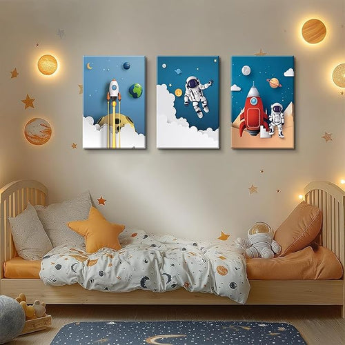 3Pcs Astronaut Canvas Wall Art Nursery Space Adventure Wall Decor Whimsical Space Themed Posters Artwork Rocket Spaceship Prints Pictures for Kids Room Boys and Girls Bedroom (16x24in Canvas)