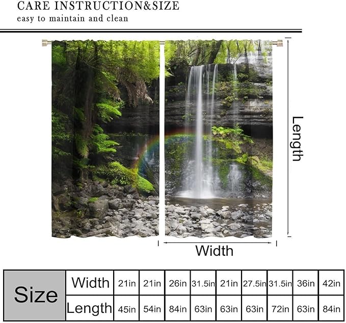 Natural Landscape Waterfall Blackout Curtains, Forest Falls Spring Natural Scenery Green Plant Tree Leaf Rod Pocket Window Drapes, for Bedroom Living Room 42" W X 63" L