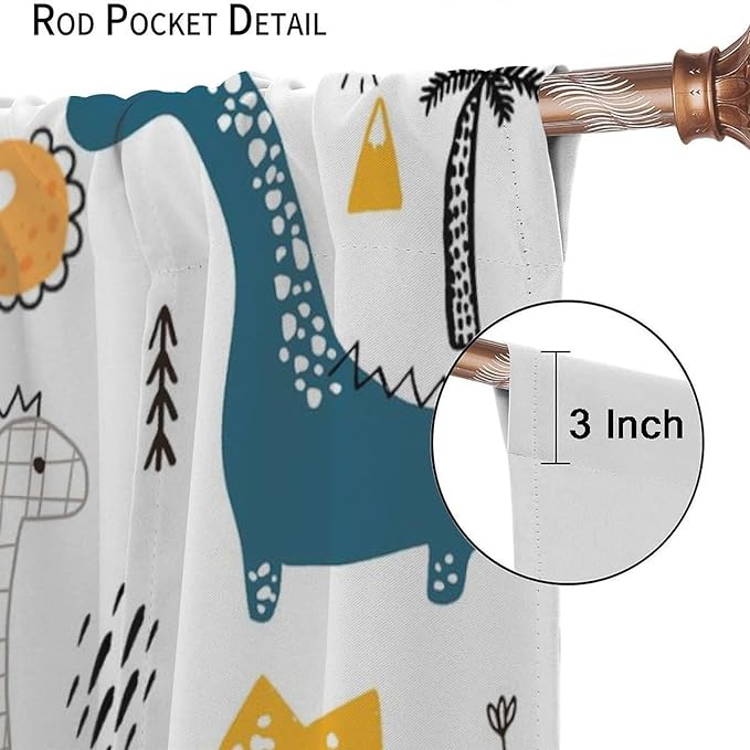 Dinosaur Curtains, Cartoon Dino Cute Safari Animal Print Pattern Blackout Window Treatments, Rod Pocket Thermal Insulated Drapes 2 Panel Sets for Kids Boys Bedroom Nursery Classroom, 42" W X 45" L