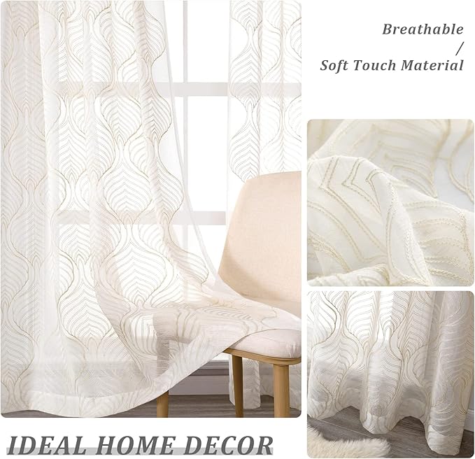 VISIONTEX Sheer Curtains 84 Inches Long 2 Panels Set Beige Moroccan Embroidery Texture Geometric Rod Pocket Ivory White Voile Tulle Semi Window Treatment Pair for Bedroom Living Room 54 x 84 Inches