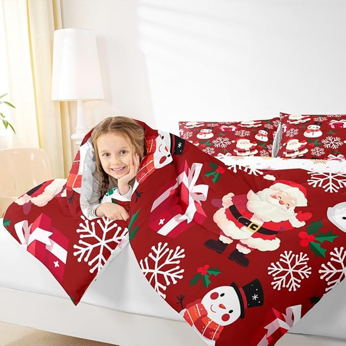 jejeloiu Merry Christmas Comforter Set Toddler Size Xmas Santa Claus Bedding Set for Kids Boys Girls Cute Snowman Duvet Quilt Red Bedroom Decor
