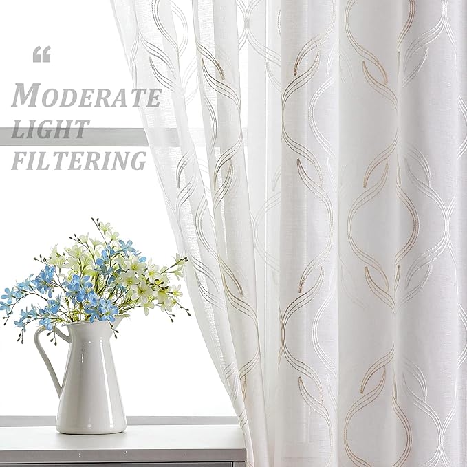 VISIONTEX Sheer Curtains 95 Inches Long 2 Panels Set, Beige and Ivory Moroccan Embroidery Texture Geometric Rod Pocket White Voile Tulle Semi Window Treatment Pair for Bedroom, W54 x L95