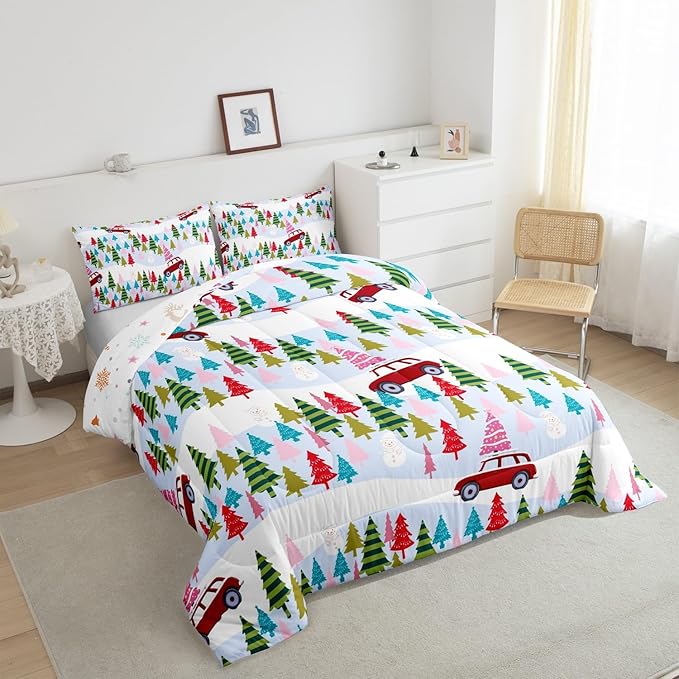 Feelyou Christmas Trees Bedding Set for Kids Boys Girls King Size Christmas Truck Comforter Set Ultra Soft Winter Snowman Comforter Xmas Duvet Quilt Bedroom Decor Christmas Ornaments Quilt