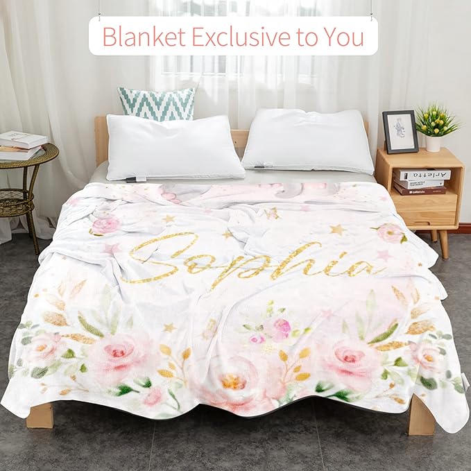 Personalized Elephant Blanket with Name for Girl, Custom Name Blanket for Teen, Soft Flannel Pink Elephant Blankets Customized Gift for Birthday 50"x60"