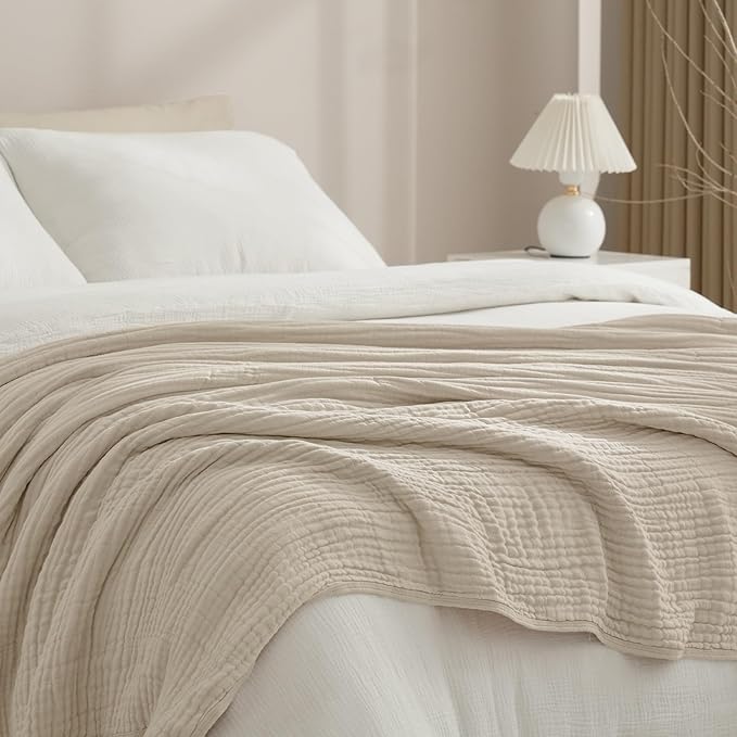 PHF Cooling Muslin Blanket King Size 104"x80", 6-Layer Lightweight Gauze Blanket Made from 35% Rayon Derived from Bamboo & 65% Cotton, Breathable & Ultra Soft Cozy, Aesthetic Home Decor, French Oak