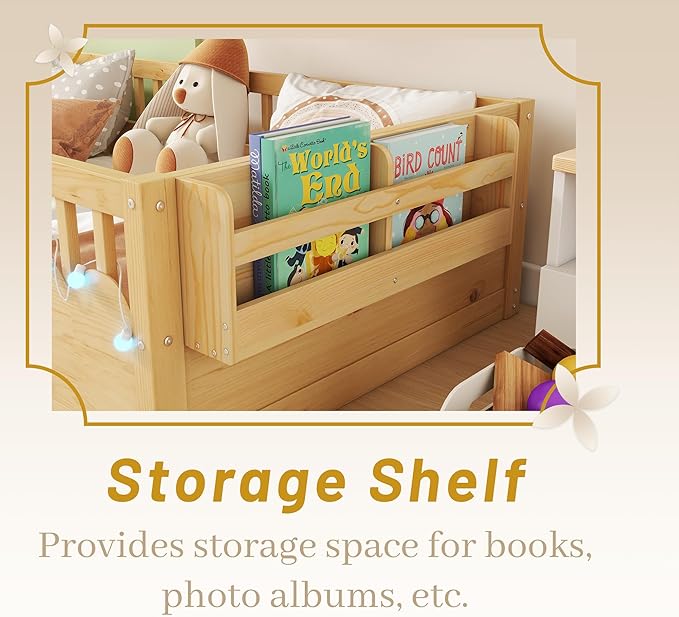 Twin Size Montessori Bed, Wood Twin Montessori Floor Bed with High Rails & Storage Shelf, Baby Floor Beds with LED Light for Boys & Girls, Natural