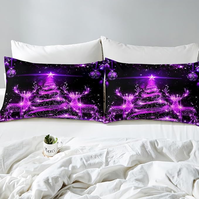 Manfei Christmas Tree Duvet Cover Set King Size Purple Twinkling Deer Comforter Cover Western New Year Bedding Set 3pcs for Kids Boys Girls Christmas Theme Quilt Cover with 2 Pillowcases,No Comforter