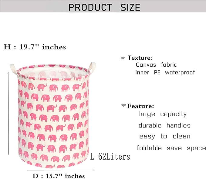KUNRO Round Laundry Gift Basket Storage Hamper, Kids Toys and Clothes Storage Organizer Bins, Toy Shelf Basket with Handles for Room Decor (Pink Elephant)
