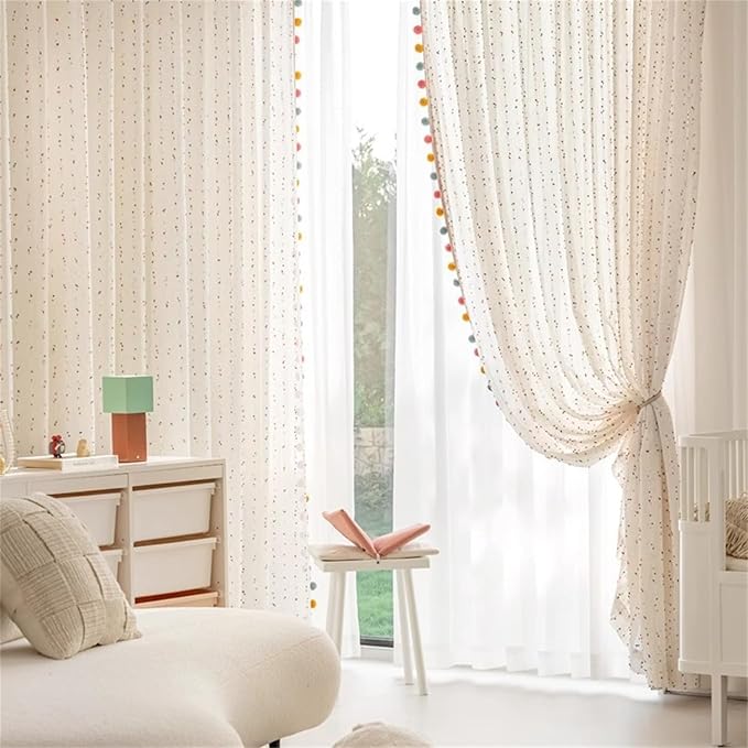 Boho Rainbow Sheer Curtain with Colorful Pom Pom Voile Drapes Light Filtering Faux Linen Stripe Pompom Rod Pocket Window Drapes for Boys/Girls Bedroom/Nursery 2 Panels (W78 X L102 Inch-2PCS,White)
