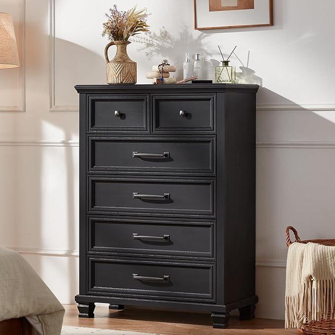 Farmhouse Bedroom Dresser and Nightstand Set of 4, 6 Drawer Tall & 5 Drawers Dresser & 2 Drawer Nightstand Set, Rustic Wood Furniture Set for Bedroom, Hallway, Black