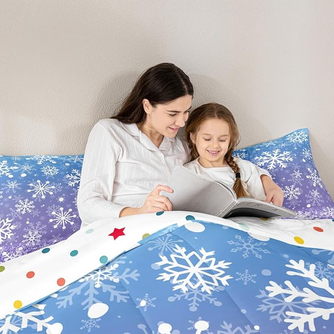 Feelyou Blue and Purple Snowflake Bedding Set Soft for Boys Girls, Winter Snowflake Comforter Set King Size Christmas Duvet Quilt Microfiber Holiday New Year Bedroom Decor 3 Pcs with 2 Pillow Cases