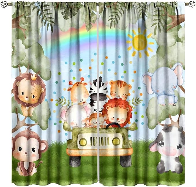 Woodland Kids Curtains Rustic Woodland Wild Animals Watercolor Forest Rainbow Sun Window Draeps for Baby Girls Boys Kids Nursery Bedroom Living Room 2 Panels, 42x63 Inch