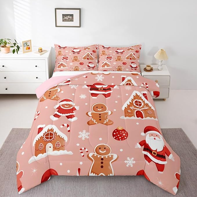 Feelyou Christmas Kids Comforter Set Toddler Size Santa Bedding Set Gingerbread Man Duvet Quilt for Kids Boys Girls Bedroom Snowflake Decor Microfiber Ultra Soft Breathable