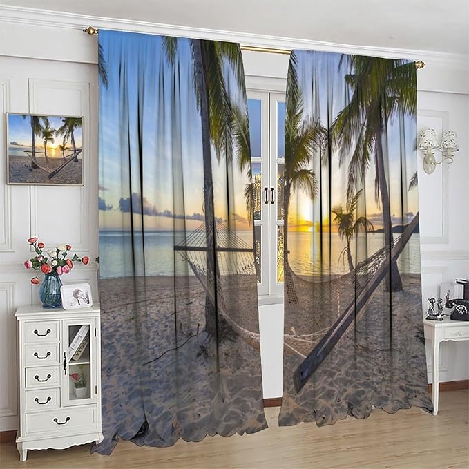 Ocean Beach Curtains,Morning Sunrise Hawaiian Seaside Scene Pattern Blackout Print Home Bedroom Living Room Window Treatments 2 Panel Set 55x63 Inch