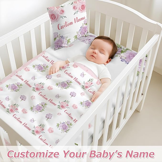 Personalized Baby Crib Bedding Set,3 Piece Custom Name Nursery Set with Blanket, Fitted Sheet & Pillowcase for Baby Girls & Boys, Floral Theme(Fixed Size)