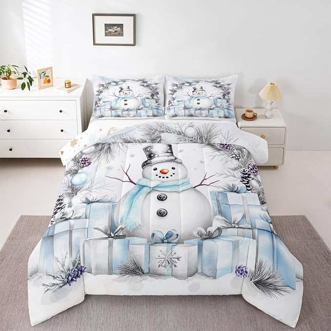 Feelyou Merry Christmas Kids Comforter Set Queen Size Cute Snowman Bedding Set Duvet Quilt for Kids Boys Girls Bedroom Snowflake Decor Microfiber Ultra Soft Breathable