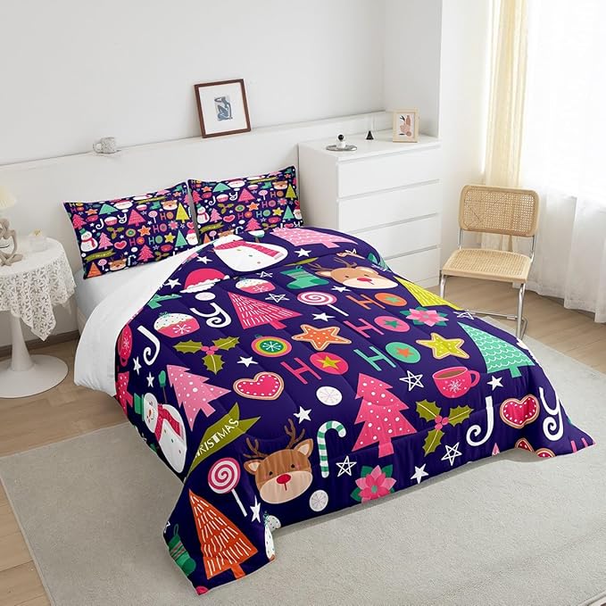 Merry Christmas Kids Comforter Set King Size,Cartoon Santa Claus Snowman Bedding Set,Boys Girls Adults Room Decor,Pines Deer Cute Xmas Down Comforter,Colorful Romantic Duvet Insert,2 Pillowcases