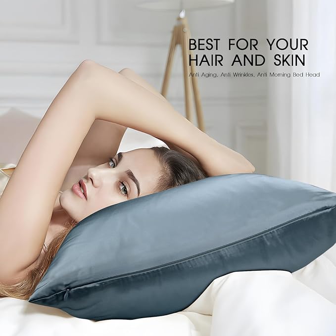 100% Mulberry Silk Zippered Bed Pillowcase for Hair and Skin,Zip Up Real Silk Large Pillow Case,19 Momme Grade 6A,1pc,Ash Blue,Super King Size 20x36 Inches