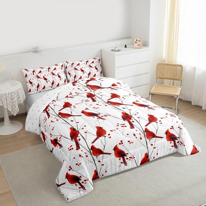 Feelyou Berries and Cardinals Pattern Comforter Set All Season Red Cardinal Bedding Set with 2 Pillow Cases Christmas Kids King Bedclothes Bird Print Decor Animal Decor Duvet Quilt Soft Lightweight