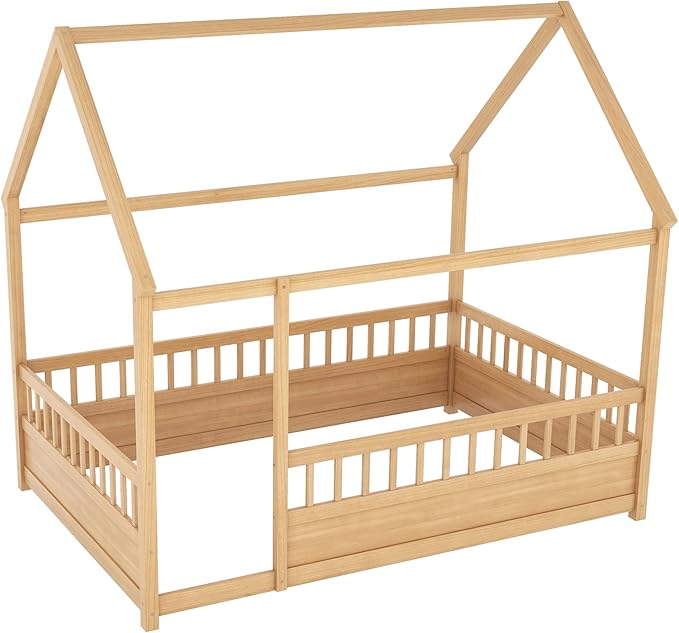 Full Size House Bed with High Fence for Kids,Full Floor Bed Frame, Kids Montessori Bed Full Size,Solid Wood House Bed Frame for Boys,Girls,Natural