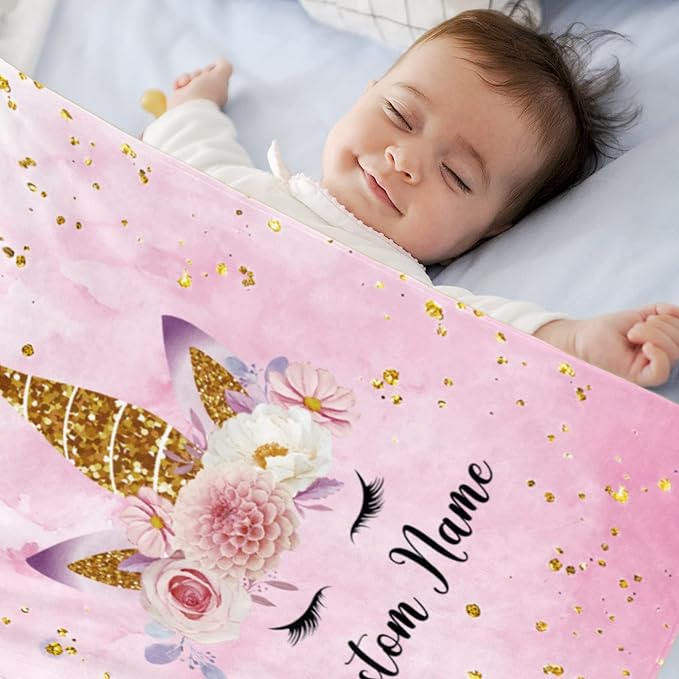 Custom Horse Blanket with Name for Girl, Personalized Name Blanket for Kids, Soft Flannel Pink Toddler Blanket Customized Gift for Birthday Christmas Baby Shower Children Day 40x50in