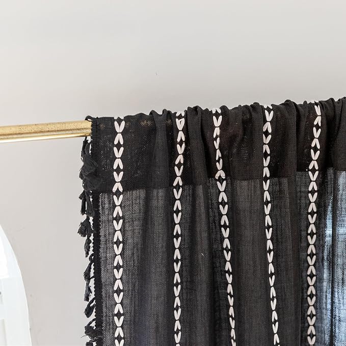 Deeprove Black Boho Curtains 96 inches Long for Bedroom, Vintage Bohemian Embroidery Farmhouse Cotton Linen French Country Tassel Window Treatments Gothic Halloween Decor, W52 x L96, 1 Panel
