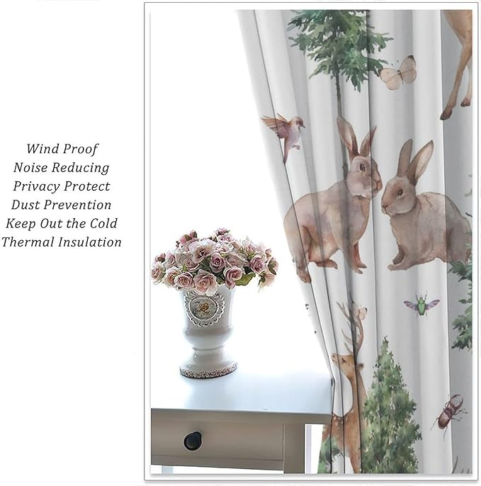YCness Forest Animal Curtains, Wild Animals Watercolor Woodland Bear Rabbit Cartoon Window Treatments for Kids Bedroom Living Room Kitchen Living Room Drapes, 72x63 Inch