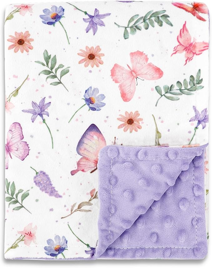 Pea Pod Baby Girls Blanket Soft Butterfly Minky Blanket for Newborn, 30'' x 40'' Double Layer Design, Dotted Backing Warm Baby Quilt Crib Blanket for Nursery/Stroller/Toddler Bed/Baby Car Seat