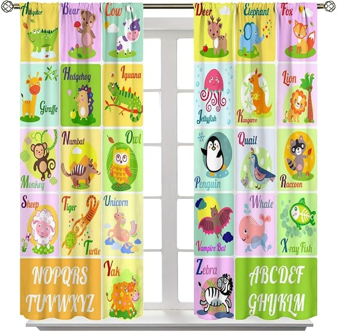 Kids Alphabet Letter Curtains Funny Education School Cute Cartoon Animal Printed Curtain with Rod Pocket for Bedroom Living Room Home Drapes Window Treatments 2 Panels Set 55" W X 63" L