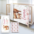 Custom Name Crib Bedding Set 3-Piece – Pink Highland Cow Design Baby Bedding Set with Personalized Soft Blanket, Fitted Sheet, Changing Pad Cover – Ideal Newborn Gift for Boys and Girls