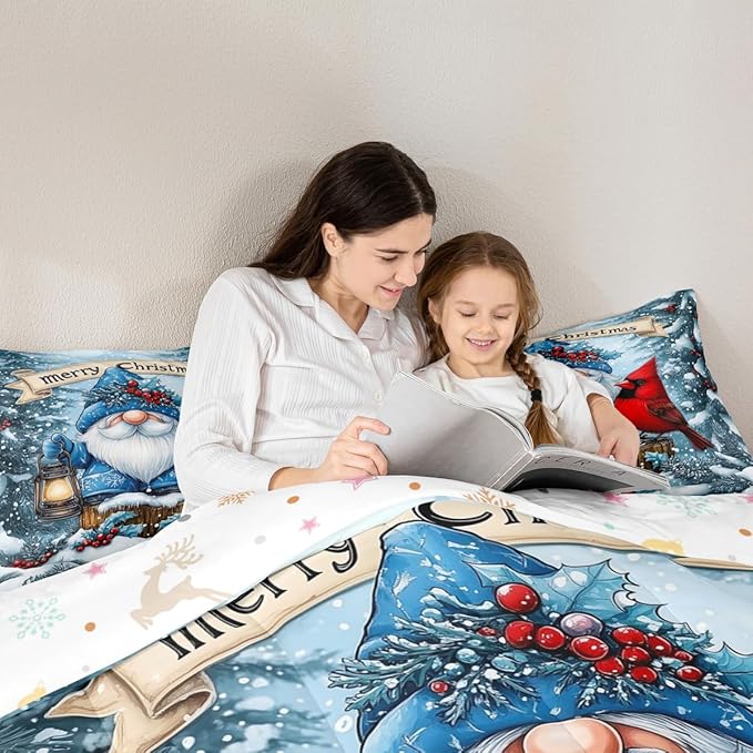 Santa Claus Kid Comforter Set Queen Size,Poinsettia Cardinal Christmas Bedding Set,Girl Boy Room Decor,Holly Berry Winter Snowflake Quilt Comforter,Blue Red Duvet Set Bedroom Quilt Set,2 Pillowcases