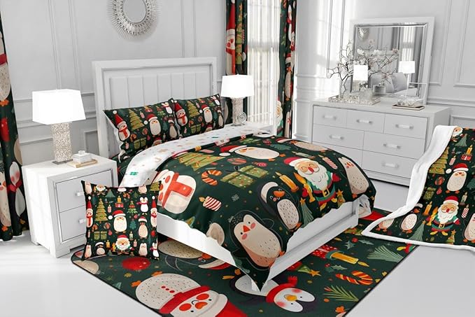 Feelyou Christmas Bedding Set Soft for Boys Girls, Penguin Santa Comforter Set King Size Xmas Tree Snowflake Duvet Quilt Microfiber New Year Gift Bedroom Decor 3 Pcs with 2 Pillow Cases
