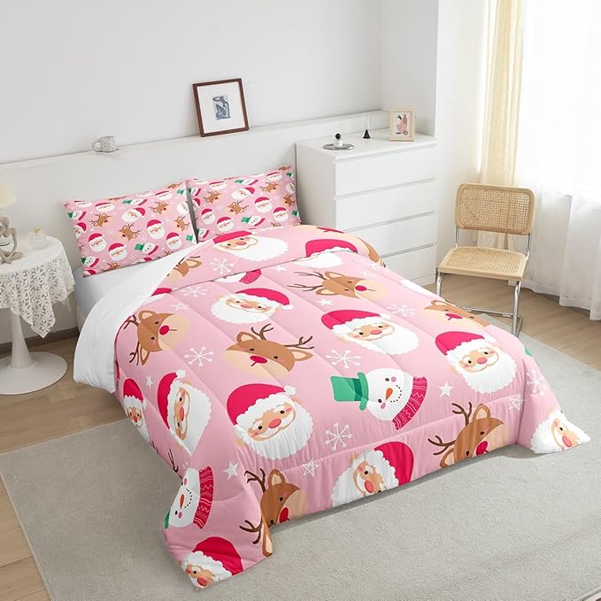 Cartoon Santa Claus Kids Comforter Set Twin Size,Cute Snowman Deer Xmas Bedding Set,Boys Girls Adults Room Decor,Merry Christmas Snowflake Down Comforter,Pink Romantic Duvet Insert,1 Pillowcase