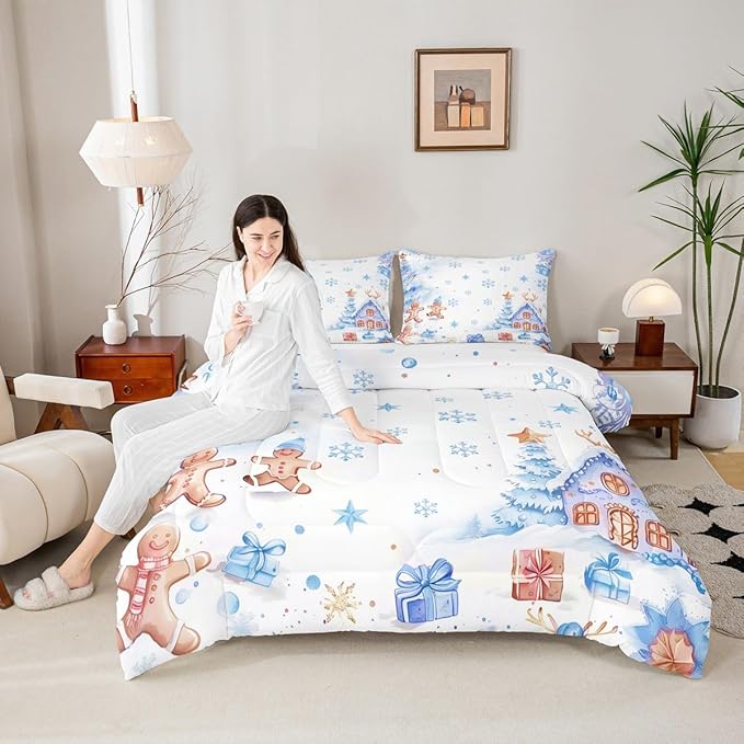 jejeloiu Kids Christmas Theme Comforter Set King Size Blue Xmas Gingerbread Man Bedding Set for Boys Girls Teens Candy House Snowflake Winter Happy New Year Duvet Quilt Room Decor
