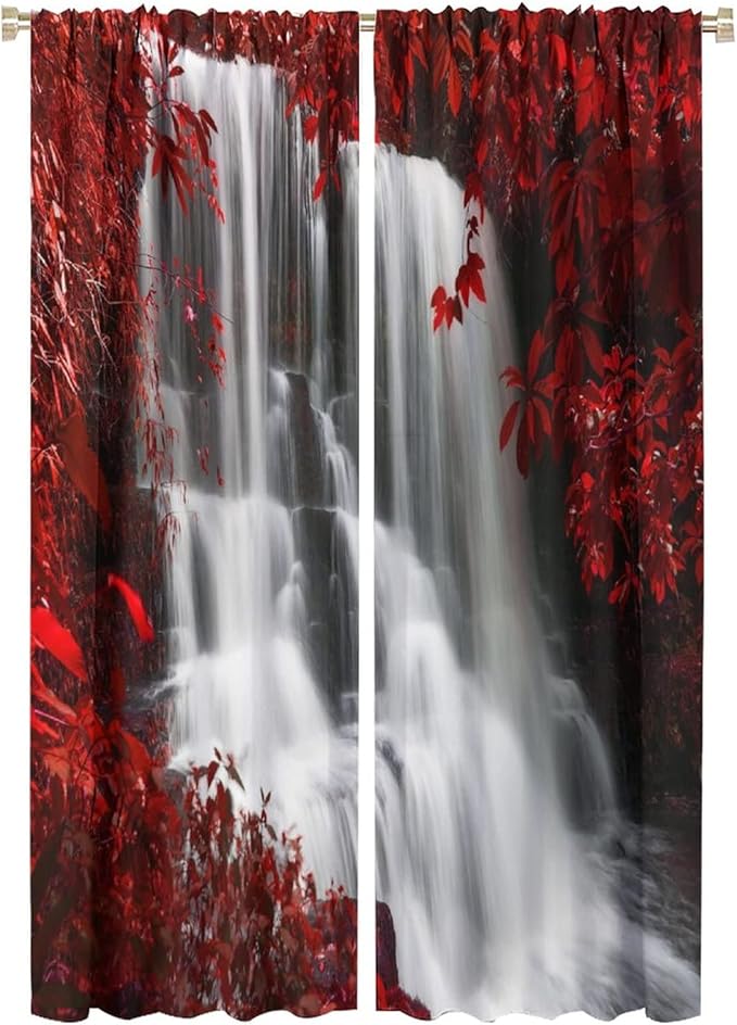 Red Forest Waterfall Blackout Windows Curtains, Waterfall Red Forest Black and Red Natural Landscape Print Window, for Living Room Bedroom 52x84in 2 Panels