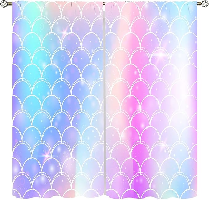 Mermaid Blackout Curtains, Kids Cartoon Blue and Pink Ocean Mermaid Scale Pattern Decoration for Girls Bedroom Nursery Curtains 42x54 Inch