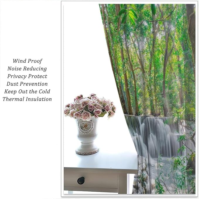 Forest Waterfall Blackout Curtains, Scene Nature Theme Mountain Stream Scenery Print Window Drapes, for Bedroom Living Room 42" W X 63" L
