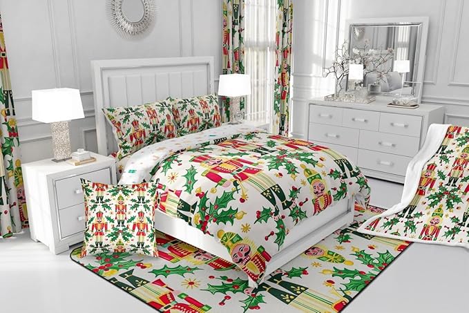 Feelyou Merry Christmas Bedding Set Soft for Boys Girls, Nutcracker Comforter Set King Size Holly Leaves Duvet Quilt Microfiber Red Berries Bedroom Decor 3 Pcs with 2 Pillow Cases