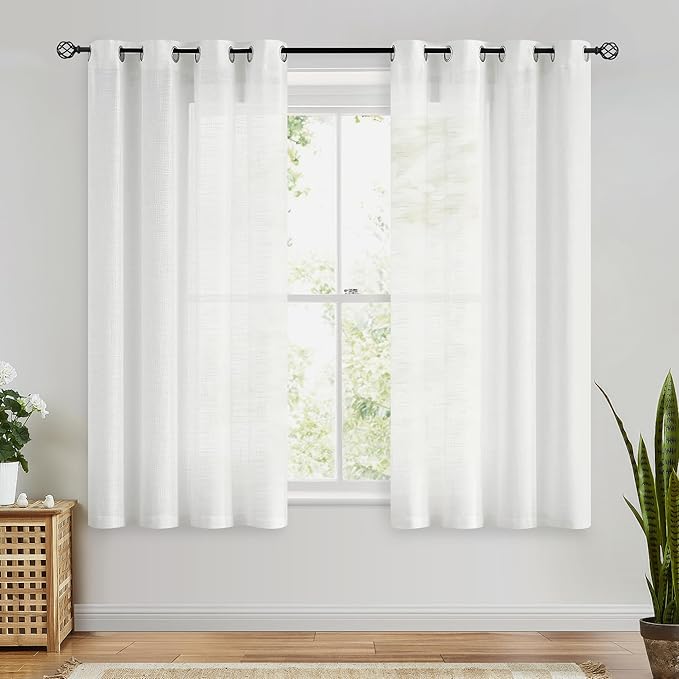 FMFUNCTEX Linen Semi Sheer Curtains for Bedroom, White Curtains 54 Inch Length for Living Room, Sheer Short Drapes for Farmhouse, Light Filtering Window Curtain, Grommet Top 2 Panels
