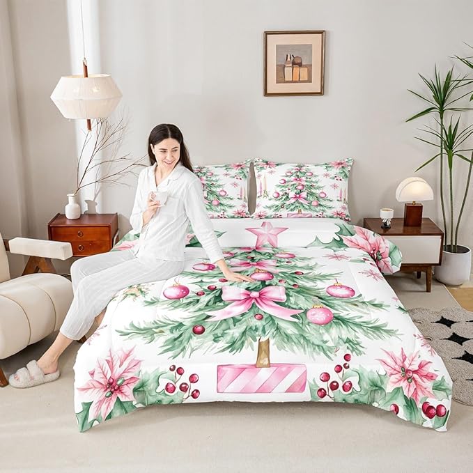 Feelyou Pink Christmas Comforter Set Queen Size Xmas Tree Bedding Set for Kids Boys Girls Xmas Ornaments Duvet Quilt Snowflake Bow Bedroom Decor Microfiber 3 Pcs with 2 Pillow Cases