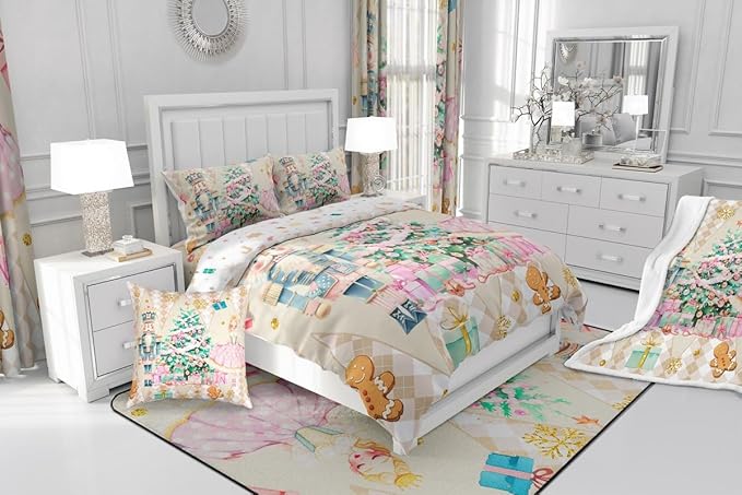 jejeloiu Christmas Nutcracker Comforter Set Queen Size Gingerbread Man Bedding Set for Kids Boys Girls Xmas Tree Duvet Quilt Beige Bedroom Decor