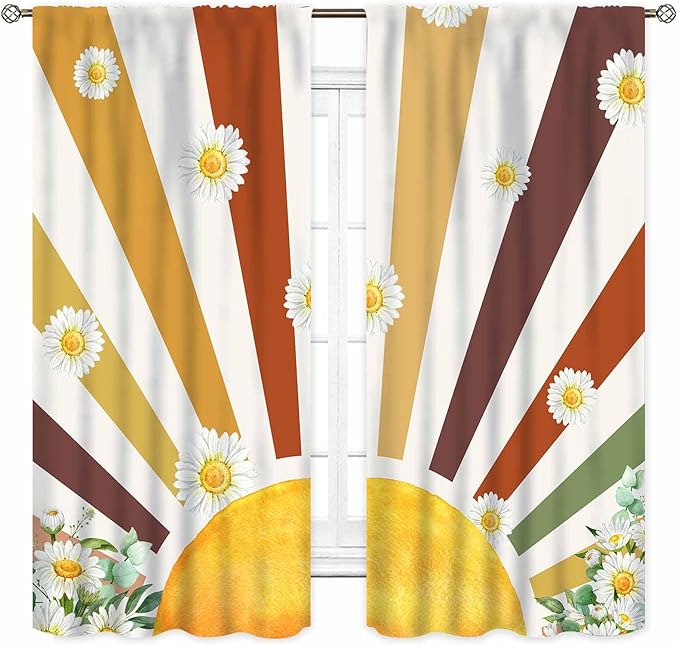 Boho Rainbow Curtains, Watercolor Bohemian Modern Abstract Daisy Floral Abstract Aesthetic Rainbow Blackout Window Treatments for Kids Girls Baby Bedroom Living Room Bathroom 2 Panels, 42"x45" Inch